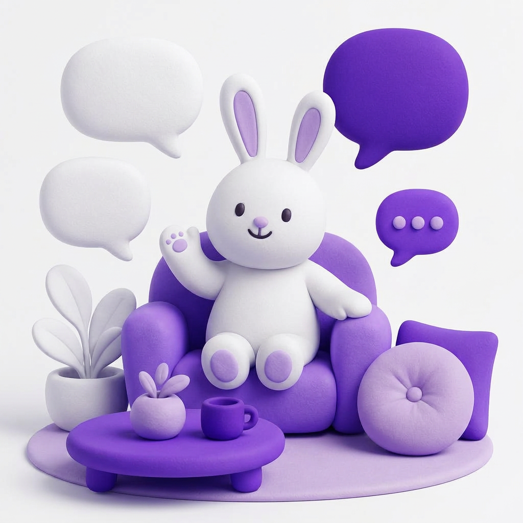 Friendly rabbit in a purple conversation lounge surrounded by chat bubbles
